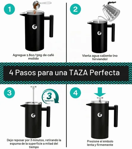 Vista 7 de Coffee Gator - Cafetera de prensa francesa de acero inoxidable 304 de 34 oz, tetera para té y café de doble pared aislada con sistema de filtración