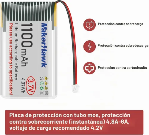 Vista 6 de MakerHawk Batería LiPo de 3.7 V 1100 mAh recargable 1S 102540 Batería de polímero de litio con placa de protección cinta de goma aislada, enchufe
