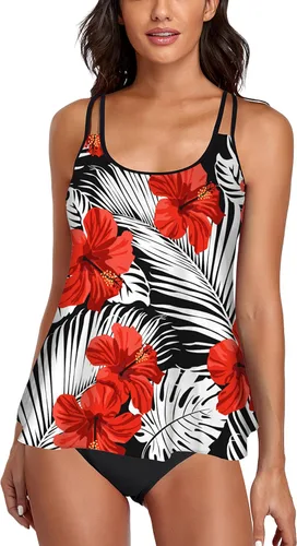 Vista 50 de Omichic Conjuntos de tankini modestos para mujer, trajes de baño atléticos de 2 piezas, camiseta sin mangas fluida con parte inferior de bikini