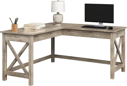 Vista 4 de Lavish Home Escritorio para computadora, escritorio en forma de L con patas en forma de X, para oficina, computadora o mesa de manualidades Gris