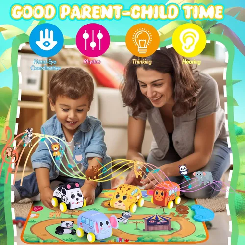 Vista 8 de Nuevo juego de vehículos de tracción con alfombra musical y manta de juego táctil, juego de juguetes suaves para bebés con 4 lindos autos