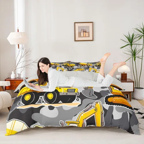 Vista 5 de Erosebridal Juego de ropa de cama de tractor de construcción para niños, niños, adolescentes, diseño de camiones y excavadoras, tamaño individual