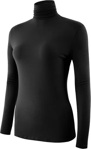 Vista 2 de AUHEGN Camiseta de manga larga ligera con cuello alto para mujer, estilo casual, capa activa