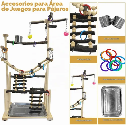 Vista 4 de kathson Parque infantil grande para pájaros, perca de madera natural, 4 capas, centro de actividades con perchas, escalera, juguetes para masticar