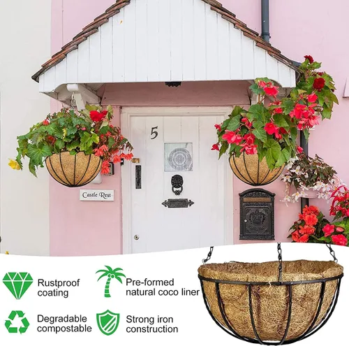 Vista 7 de GWY Cestas colgantes para macetas, 3 paquetes de 12 pulgadas, soporte de alambre de metal para plantas con forro de coco y cadena negra para colgar