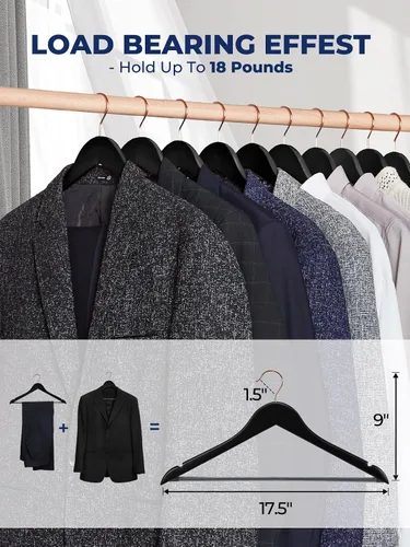 Vista 4 de Smartor Paquete de 20 perchas de madera maciza para armario, perchas de madera resistente para trajes, camisas, vestidos, con gancho de oro rosa