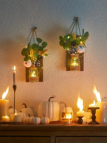 Vista 5 de Anna's Whimsy Paquete de 2 Apliques de Frasco Mason para Decoración de Otoño, Decoración de Pared Rústica con Luces LED de Hadas con Control Remoto