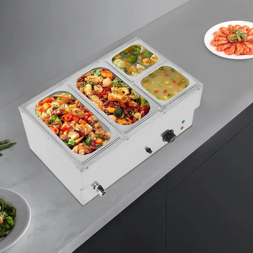 Vista 7 de Calentador de sopa de alimentos de 110 V, 4 sartenes, mesa de acero inoxidable de grado alimenticio, encimera comercial, cafetería de buffet