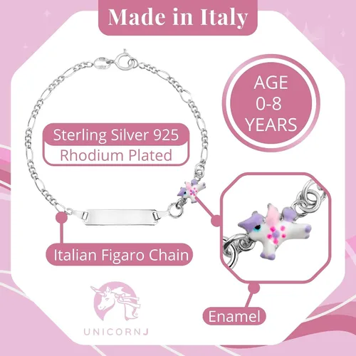 Vista 3 de UNICORNJ 925 Italy Sterling Silver Child or Baby Name Bracelet Girls Boys, Personalized Engraved Kids ID Bracelets, 6.5" Figaro Chain, Enamel Charm