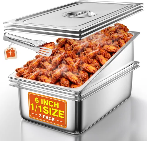Vista 22 de WantJoin Recipientes Gastronómicos con Tapa 1/1 Tamaño Completo 4 Pulgadas de Profundidad Paquete de 3, Juegos de Bandejas de Metal de Acero