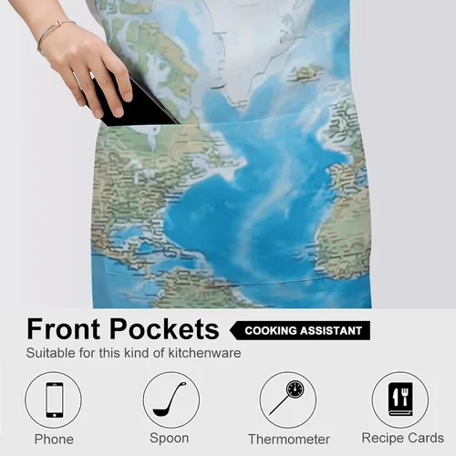Vista 5 de MUSM Apron for Adults - 27.6 X 31.5 Inch, Heavy-Duty Polyester Aprons with Two Large Pockets, Waterproof World Map Kitchen Apron for Cooking