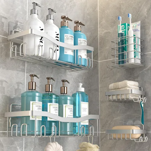 Vista 10 de Youvip Organizador adhesivo para ducha, organizador de baño sin perforación, 5 unidades, estantes inoxidables con soporte para jabón y soporte