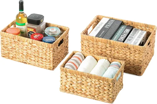 Vista 7 de Cesta rectangular de mimbre de jacinto de agua tejido natural con asas, organizador de almacenamiento pequeño, bandeja de cesta poco profunda de 12