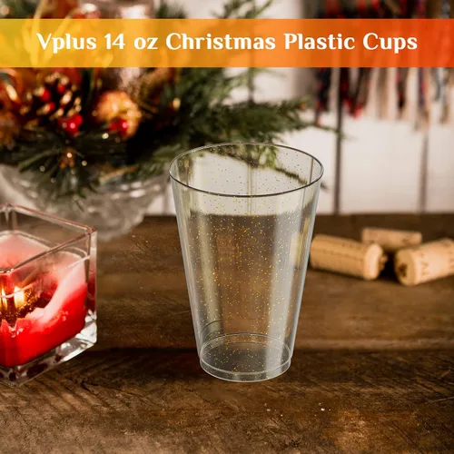Vista 8 de Vplus 100 unidades de 14 onzas de vasos de plástico grandes con purpurina dorada resistentes, vasos de plástico desechables elegantes, vasos
