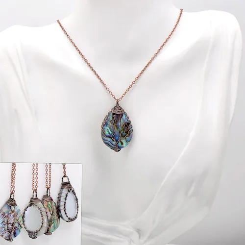 Vista 6 de Hand Wrapped Abalone Shell Tree of Life Pendant Necklace Small, Bronze Wire