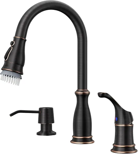 Vista 9 de APPASO - Grifo de cocina de 3 agujeros con mango lateral separado, color dorado cepillado Single Handle High Arc Kitchen Faucets with 3-Mode Pull
