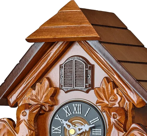 Vista 8 de TIMEGEAR Reloj de cuco con modo nocturno, movimiento de cuarzo y decoraciones de madera (marrón)