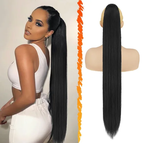 Vista 24 de Barsdar Extensión de cola de caballo marrón oscuro - Extensiones de cola de caballo cortas y rectas de 14 pulgadas con cordón para mujeres