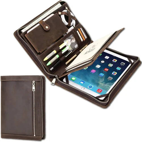 Vista 13 de Top Grain Leather - Padfolio de 8.3 pulgadas para hombres y mujeres, diseño vintage hecho a mano, organizador multifuncional de cartera de negocios