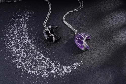 Vista 2 de ASGIFT Collar de luna creciente envuelto en alambre de árbol de la vida, 2 piezas de piedra de cristal curativo, joyería para mujeres y niñas, Acero