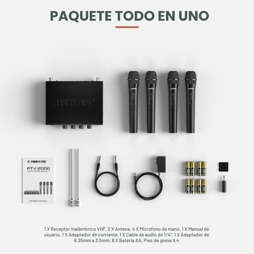 Vista 6 de Sistema de micrófono inalámbrico Phenyx Pro, micrófonos inalámbricos VHF de 4 canales, con 4 micrófonos dinámicos de mano, receptor de metal, largo