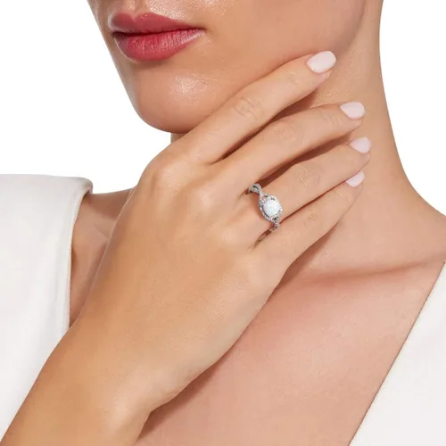 Vista 6 de FANCIME Anillos de ópalo creados con piedra natal de octubre, plata de ley, 4 puntas, halo de ópalo de fuego blanco, circonita cúbica, anillo