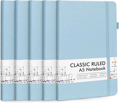 Vista 17 de feela Paquete de 5 cuadernos a granel, cuadernos de tapa dura clásicos rayados con soporte para bolígrafo para mujeres y niñas, suministros