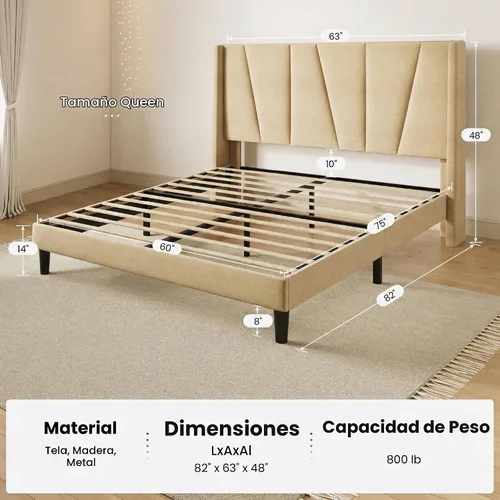 Vista 2 de SHA CERLIN - Base de cama tapizada Queen con cabecero, color beige Cama de plataforma, soporte de listones de madera, espacio debajo de la cama