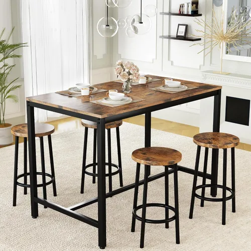 Vista 7 de AWQM - Juego de mesa de comedor de 47.2 pulgadas para 4, mesa industrial con 4 sillas curvas, juego de mesa de cocina rectangular de 5 piezas