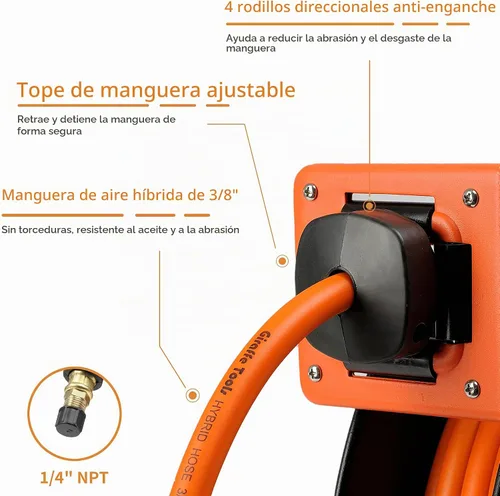 Vista 3 de Giraffe Tools TA10 - Carrete de manguera de aire retráctil giratorio con manguera híbrida de 3/8 pulgadas x 25 pies máx. 300 PSI, carrete