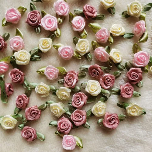 Vista 5 de 200 unids/lote mini lazos de cinta rosas flor raso rosetas tela adorno artificial apliques costura artesanía bricolaje hecho a mano decoración