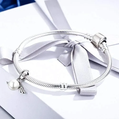 Vista 3 de Alas de ángel y perlas de concha colgantes de plata de ley 925 con dije de ángel para bricolaje, pulsera y collar, Plata esterlina