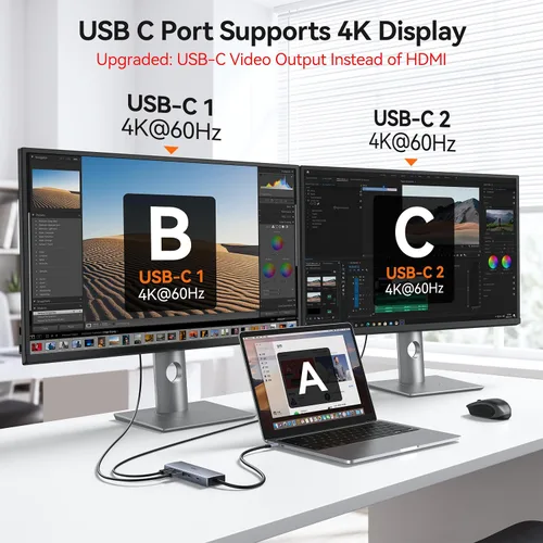 Vista 3 de Adaptador USB C Hub Dual 4K@60Hz USB C para Dell HP, 100W PD USB C Splitter