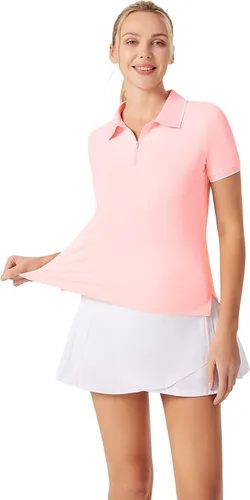 Vista 2 de Camisa de golf rosa para mujer, con cuello seco, color negro, UPF 50, talla XL, Rosado