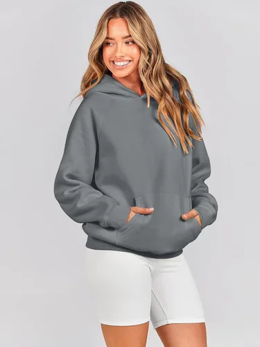 Vista 4 de Caracilia Sudaderas con capucha de gran tamaño para mujer, de forro polar, manga larga, con bolsillos, ropa de moda para otoño 2024