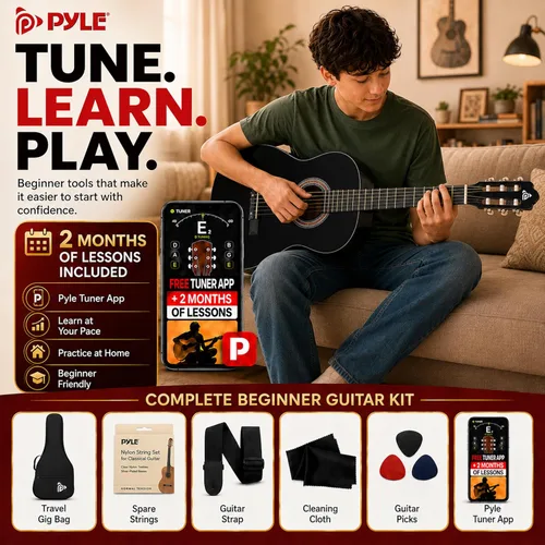 Vista 6 de Pyle Kit de guitarra acústica para principiantes, instrumento de madera de tamaño junior 3/4 con kit completo de accesorios, púas, correa