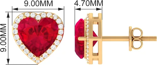 Vista 9 de 3.5 CT Lab Created Ruby and Moissanite Earrings, Created Ruby Stud Earrings with Moissanite Halo, Created Ruby Heart Stud Earrings, 14K Solid Gold