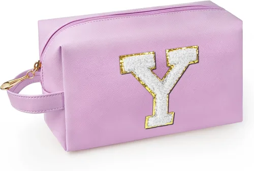 Vista 28 de Bolsa de maquillaje personalizada con inicial con asa, bolsa de cosméticos de preparación con bolsillo interior con cremallera, 8, 9, 10, 11, 12 Rosa