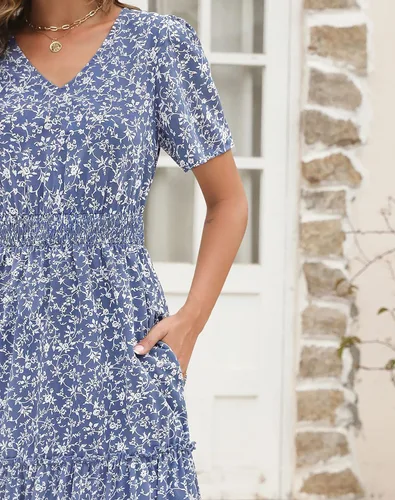 Vista 6 de Zattcas Vestido largo casual de verano para mujer 2023, manga corta, cuello en V, fruncido, escalonado, modesto, floral, bohemio, vestido maxi