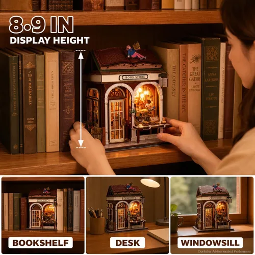 Vista 5 de Rompecabezas de madera 3D, kits de rincón de libros para adultos, kits de construcción de casas en miniatura, manualidades de madera