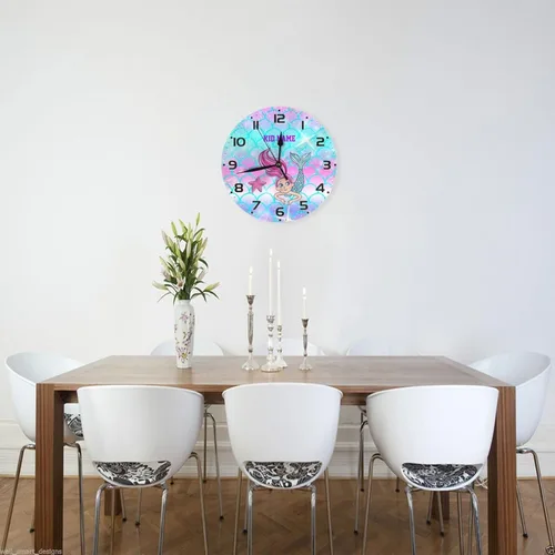 Vista 3 de Reloj de pared personalizado con escamas de sirena coloridas y estrellas de mar para habitación de niños, reloj de pared personalizado con nombre