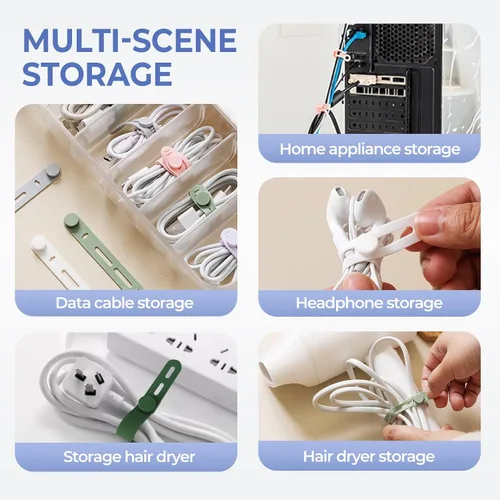 Vista 4 de Paquete de 10 bridas de silicona reutilizables, organizador de cables ajustables para auriculares, cargador de teléfono, cables de computadora