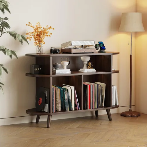 Vista 11 de LIVEHOM Soporte redondo grande para tocadiscos, armario de almacenamiento de discos de madera, soporte para discos de vinilo con área