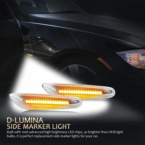 Vista 6 de D-Lumina Luces direccionales LED cromadas para BMW E90 E91 E92 E93 E46 E53 E60 E61 X3 E83 X1 E84 E81 E82 E87 E88, lente transparente ámbar lámparas