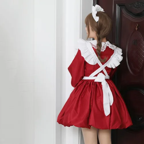Vista 5 de QIGUANDZ Delantal de sirvienta francesa de anime para mujer, vestido de Lolita, vestido de cosplay de manga larga con volantes