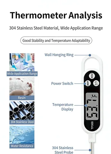 Vista 2 de Termómetro digital para alimentos, sonda de acero inoxidable 304, pantalla LCD con interruptor C/F, impermeable, sensible, medición rápida