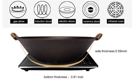 Vista 6 de ZhenSanHuan Wok de hierro fundido hecho a mano, sin revestimiento, sin pintura, saludable, fondo plano, apto para inducción (12.6 pulgadas)