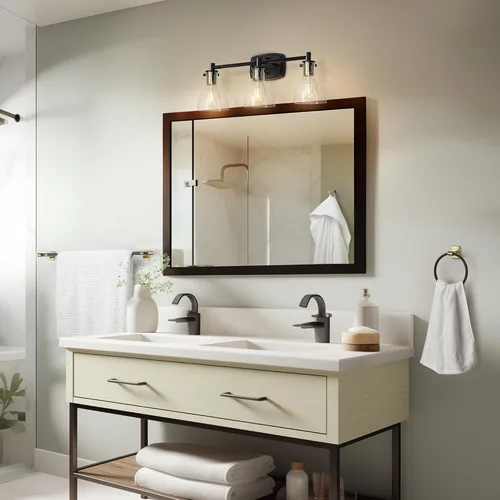 Vista 5 de GLOBE Electric 63000062 - Juego de baño todo en uno de 5 piezas, negro mate y latón, luz de tocador de 3 luces, vidrio sembrado, toallero, soporte