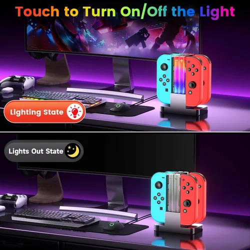Vista 4 de Base de carga para controlador de interruptor compatible con Nintendo Switch para Joycons y modelo OLED con 6 modos de luz RGB, estación de carga