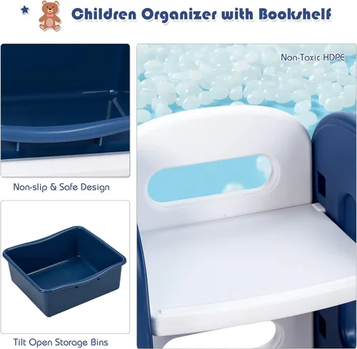Vista 7 de HONEY JOY Organizador de almacenamiento de juguetes para niños de 4 niveles con 6 contenedores, unidad de almacenamiento de juguetes 2 en 1